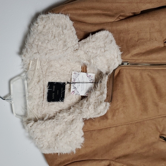 Love tree faux fur lined, faux suede moto jacket, women's size large. - Picture 2 of 9